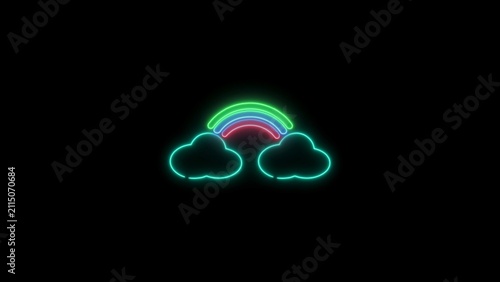 Rainbow with clouds neon icon. Rainbow neon sign. Glowing neon rainbow with clouds on black background. Neon Clouds and rainbow in the sky in cartoon style.