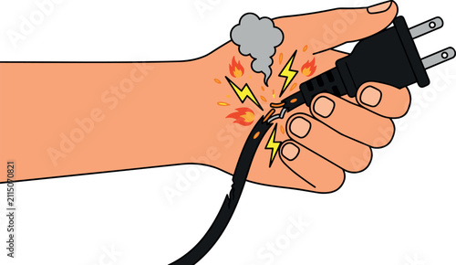 Konstfotografi Hand holding damaged electric plug with sparks smoke and short circuit fire cart