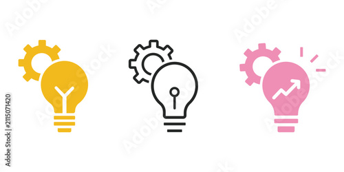 Innovation strategy solution validation icon set, light bulb checkmark gear symbols for creative thinking technical execution vector illustration