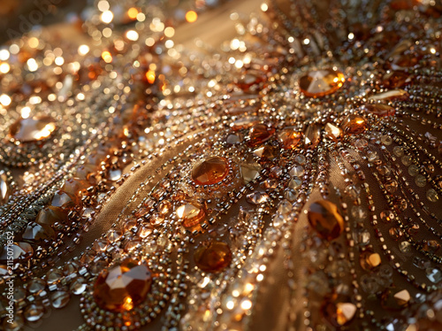 Handmade rhinestone jewelry beading close-up on textured gold and brown fabric shimmer sparkle pattern