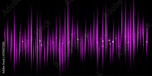 Sound wave background. Purple digital music audio frequency, voice waveform, electronic radio signal. Color audio bars with glowing flares on black. Vertical light streaks. Abstract vector design.