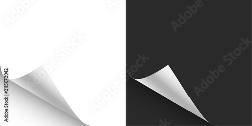 Paper curl corner background. Curled paper corner with realistic page fold effect. White sheet edge peeling back, revealing shadow and depth. Minimal vector illustration.