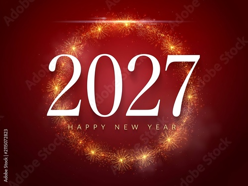 Festive New Year Celebration for the Year 2027 with Sparkling Fireworks and Bright Red Background to Welcome the Upcoming Year with Happiness and Joy