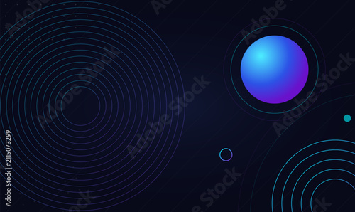 Dark blue abstract background vector illustration with glowing blue sphere and concentric circles for presentation banner