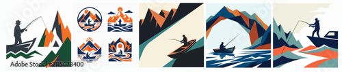 Set of Vector Illustrations Featuring People Fishing in Boats Amidst Majestic Mountain Landscapes and Wilderness Scenery
