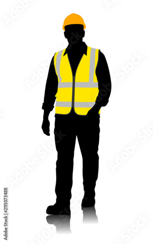 Full length black silhouette of a construction worker wearing a yellow reflective safety vest and orange hard hat, standing isolated on a white background with soft floor reflection and copy space