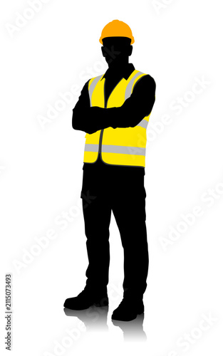 Confident construction worker in a yellow reflective safety vest and orange hard hat standing with crossed arms, shown as a full length black silhouette isolated on white with soft floor reflection
