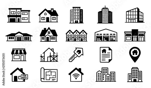 Foto Real Estate and Architecture Line Icon Set Featuring Houses Buildings Modern Sky