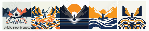 Vector illustrations of fishermen in boats on mountain lakes and rivers in a modern graphic style