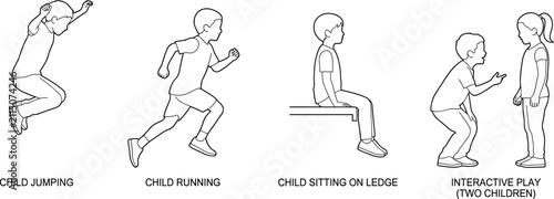 Children Activities Line Art Vector Set of Kids Jumping Running Sitting and Interactive Play
