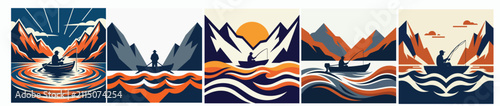 Vector illustration set of outdoor fishing activities in scenic mountain landscapes with boat and logos