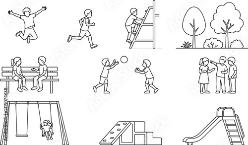 Children Playground Activities Line Art Vector Set of Kids Playing Running and Climbing