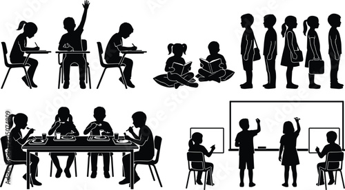 School Kids Activities Vector Silhouettes Set of Students Studying Reading Eating and Writing