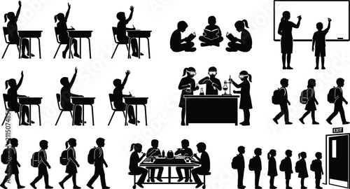 School Kids Classroom Activities Vector Silhouettes Set of Students Studying Science and Eating