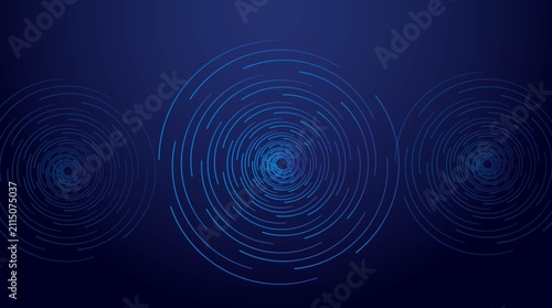 Abstract Blue Digital Radar Circles on Dark Navy Background, Futuristic Technology Network Interface with Data Signal Visualization