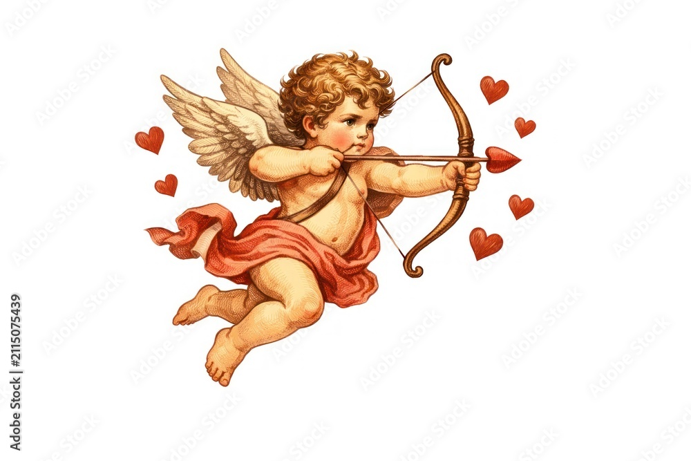Fototapeta premium Cherubic cupid with bow and arrow surrounded by hearts.