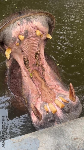 Close Up Extreme Macro Shot of Hippopotamus Wide Open Mouth Showing Big Teeth and Tongue Waiting for Food in Water Pond, Huge Hippo Yawning inside Zoo Enclosure