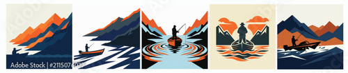 Set of minimalist fishing illustrations featuring an angler in a boat amidst mountain landscapes and sunset scenes