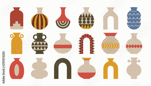 Modern ceramic vase collection with ethnic patterns and geometric shapes
