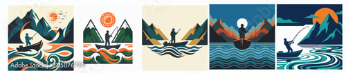 Set of vector illustrations featuring fishermen on boats in scenic mountain lakes and rivers with sunset views