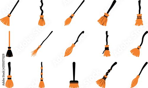 Foto Set of various witch broomsticks for halloween isolated on white background in f