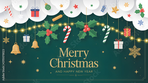 Festive christmas and happy new year card design featuring hanging ornaments lights and typography on a dark green background with festive holiday greeting