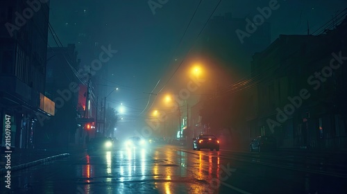 Moody, rainy night street scene with glowing lights and wet reflections