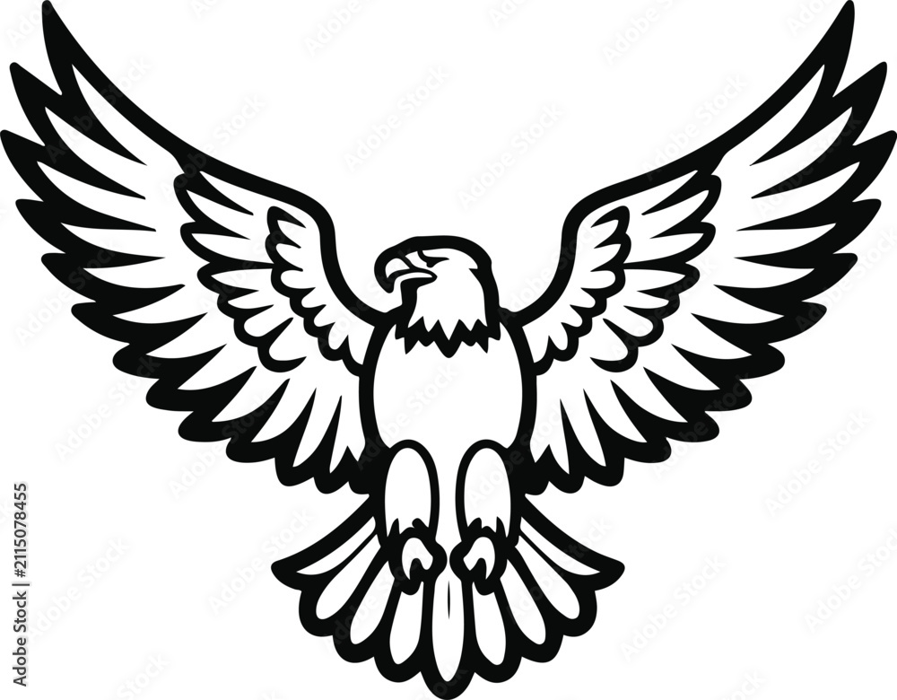 Obraz premium Ultra clean vector line art, bold black outline only, thick stroke, soaring eagle with wings fully spread, perfectly symmetrical, single object, minimalist, centered composition