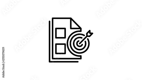 Business strategy target goal animated icon. Arrow with plan checklist document for success and goal. Survey, report, verify note, test and task with aim arrow animation. 4K video with alpha channel