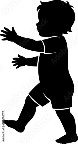 Vector illustration silhouette of a toddler taking first steps with arms outstretched, early development and walking concept