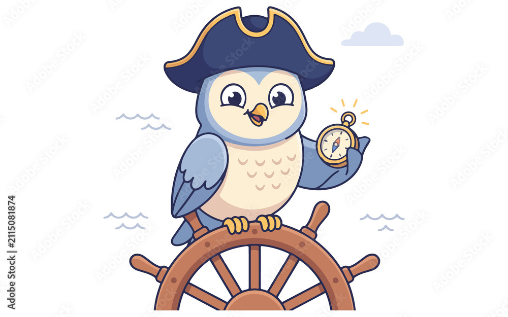Naklejka premium Friendly cartoon pirate owl character holding a navigation compass with steering