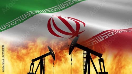 Oil derricks burning over Iran flag - background loop