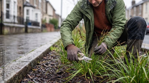 Gardener trims native grasses in a curbside bioswale