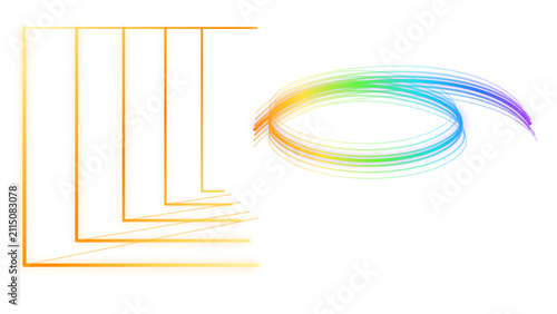 Golden geometric lines converging against a white background with a rainbow light trail abstract
