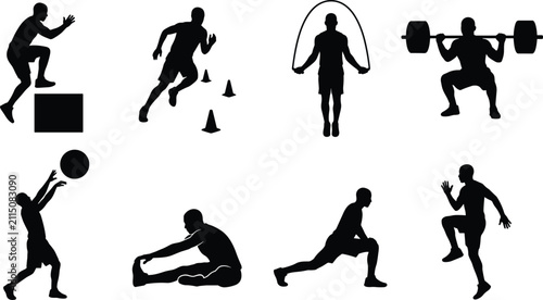Foto Fitness and athletic workout vector silhouettes set featuring men doing box jump