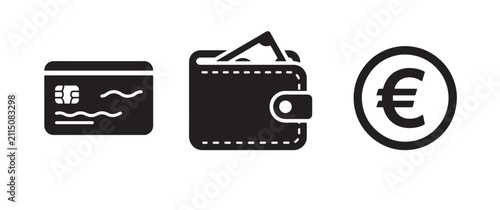 Financial set featuring a credit card, a wallet with cash, and a euro currency symbol, isolated on a white background, for banking services