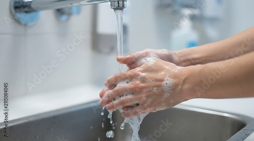 Person washing hands with soap and water under a faucet for World Patient Safety Day to prevent infection and ensure hygiene in a clean clinical hospital setting photography