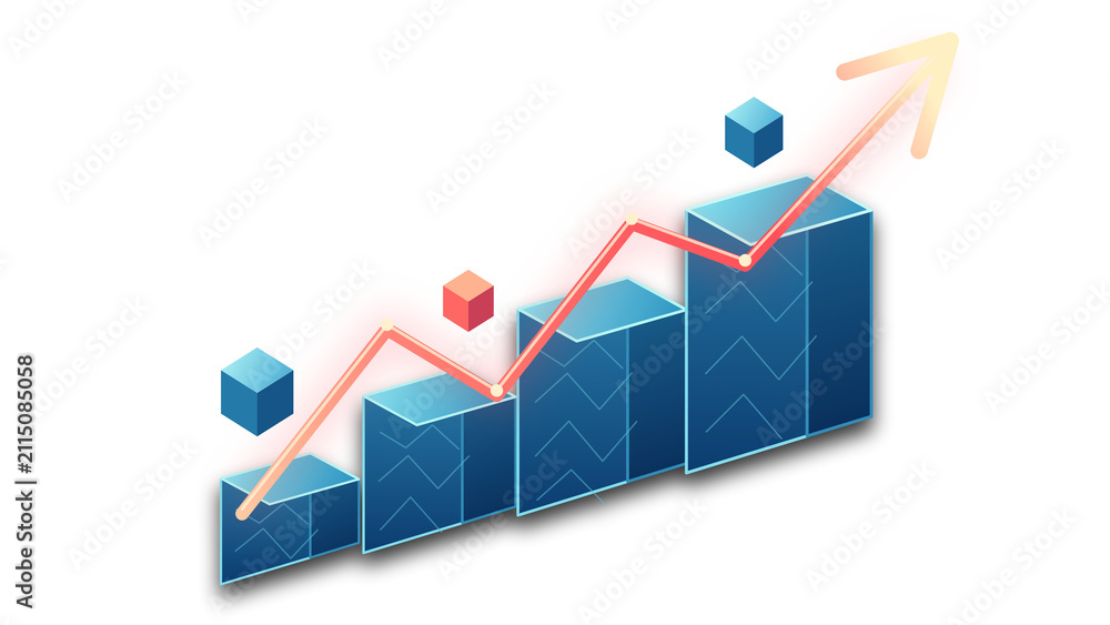 Obraz premium 3D bar chart with upward trending arrow and cubes during bright studio lighting representing growth