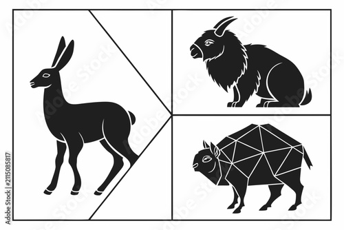 Black rabbit and boar vector line art animals