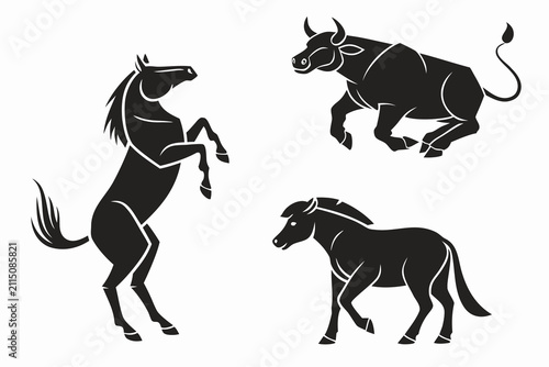 Three black farm animals standing side by side vector illustration
