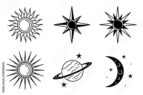 Set of decorative sun and moon vector icons in black and white