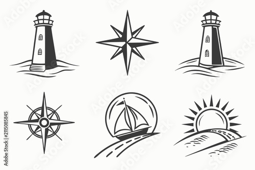 Set of six lighthouse and compass icons in black and white