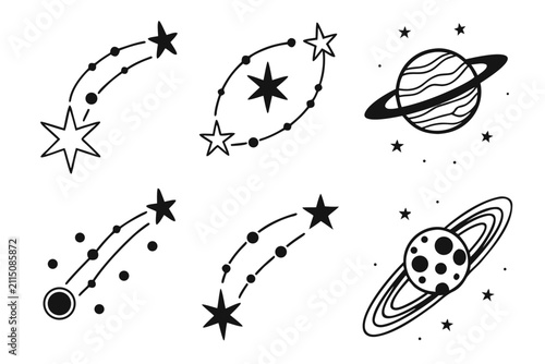 Colorful space objects and shooting stars illustration