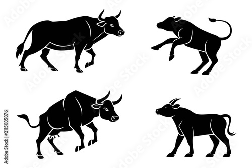 Black bull walking and standing side view vector illustration