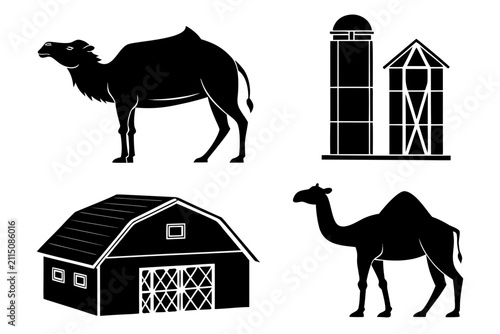 Four black farm animal icons with barn and silo