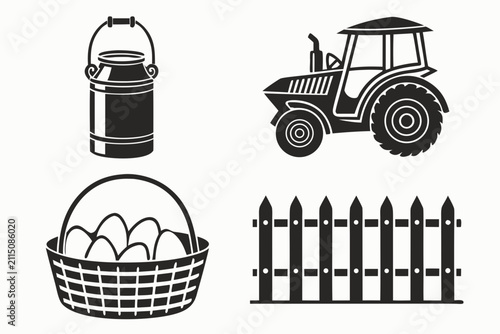 Farm icons set with tractor shopping basket and fence