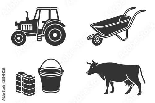 Farm equipment and animals set with crates and cart