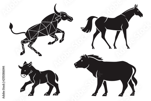 Five running horses in different poses vector illustration