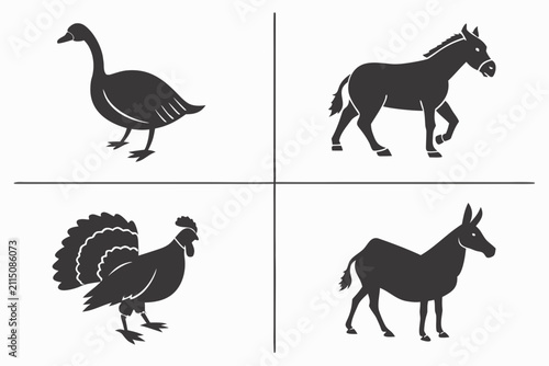 Four black animal silhouettes of bird and horse
