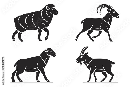 Four goats standing and walking side view illustration